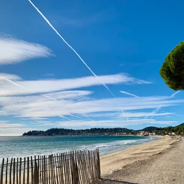 Plage ensoleillée avec mer turquoise et ciel bleu