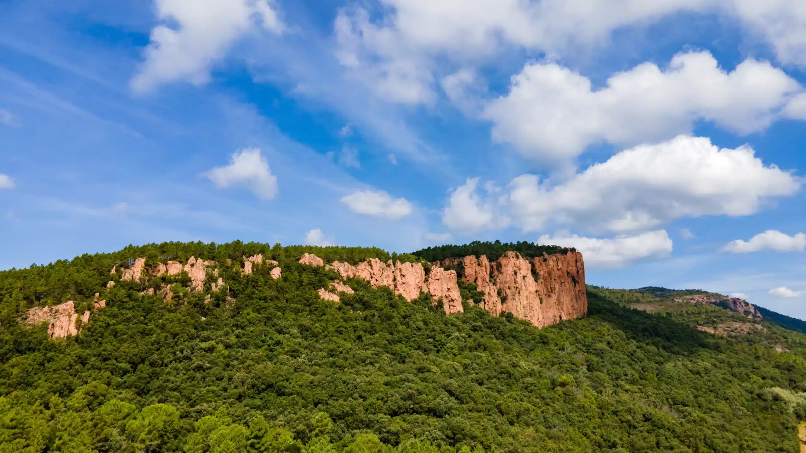 Falaise rocheuse rouge au-dessus forêt verdoyante