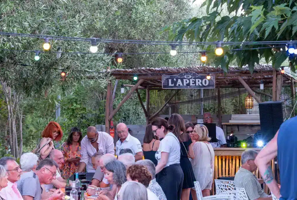 Soirée conviviale en plein air sous guirlandes lumineuses