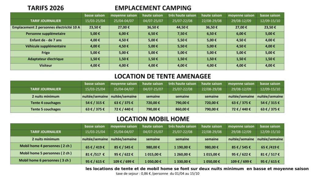 Tarifs 2026 camping emplacements tentes mobil-homes