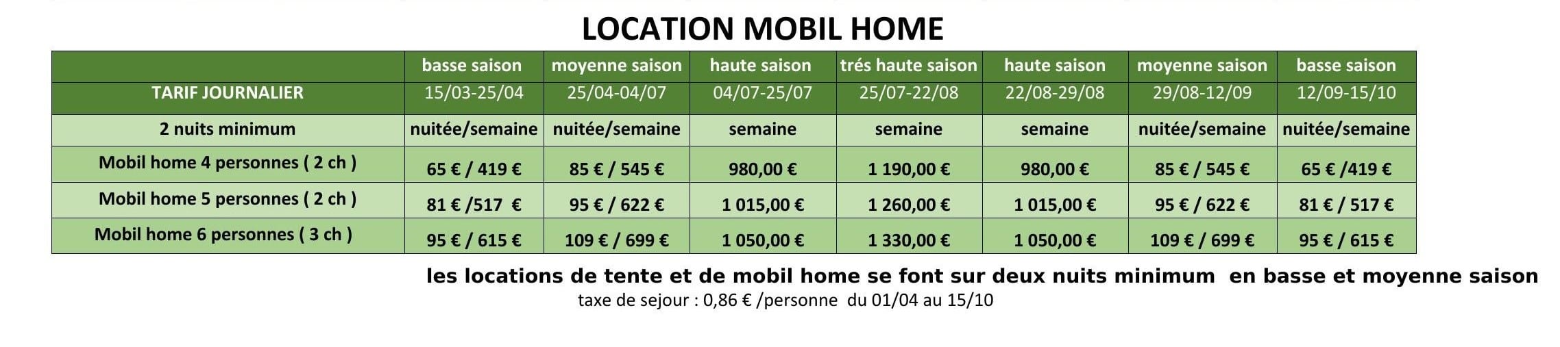 Tableau tarifs location mobil-home par saison