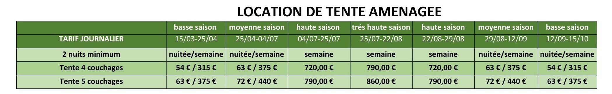Tarifs location tente aménagée par saison