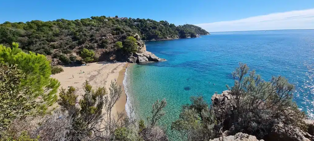 Plage isolée aux eaux turquoise et falaises verdoyantes